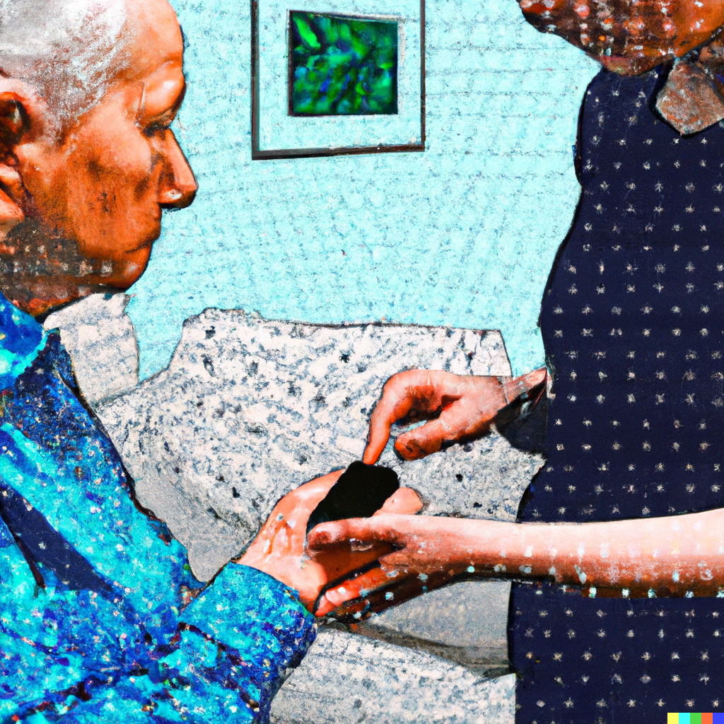 technologist-holding-the-hand-of-an-older-adult-and-helping-her-to-use-the-controls-for-a-smart-home-in-the-style-of-pointilism